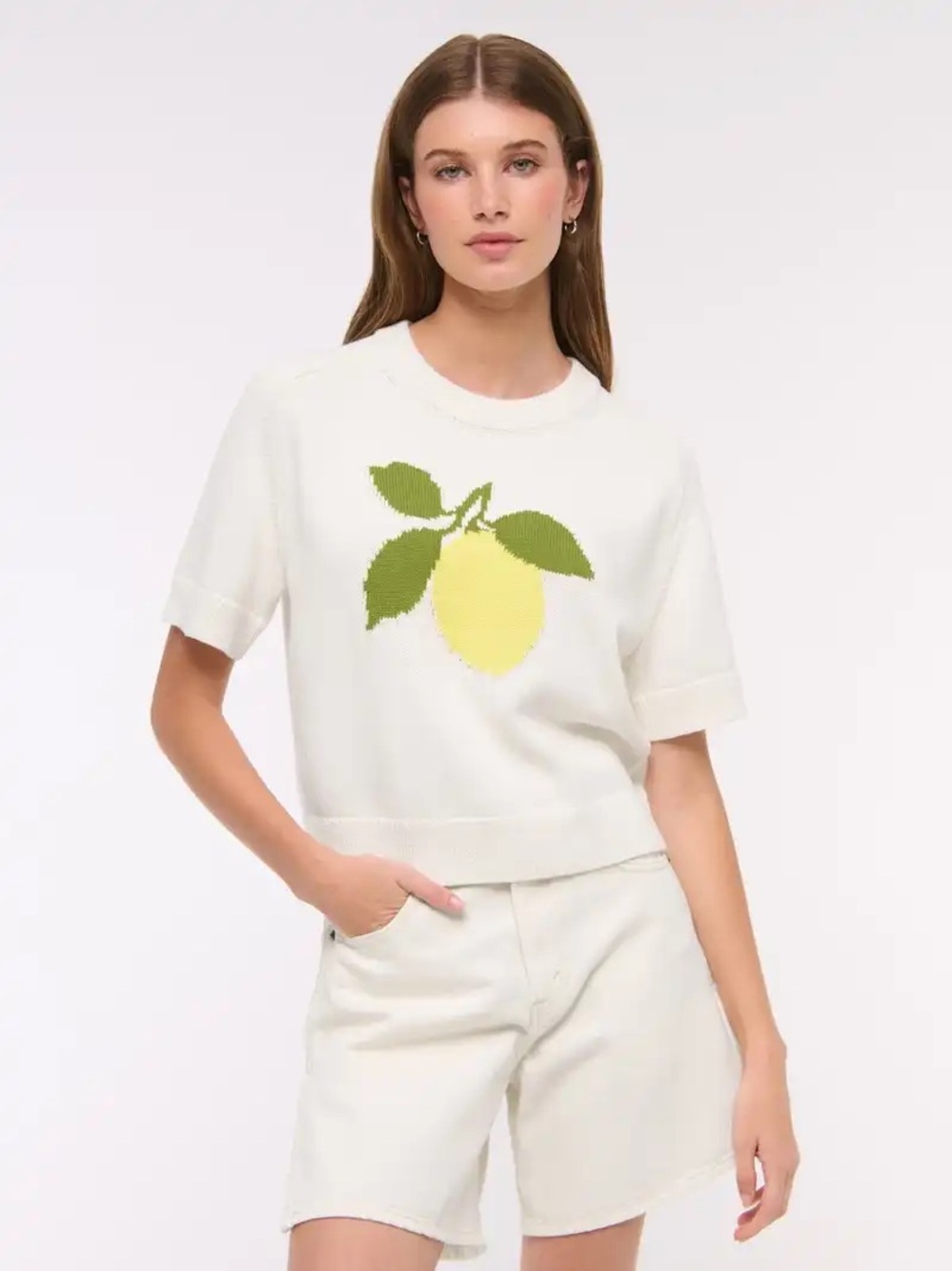 Abercrombie & Fitch Madeline Lemon Crewneck Sweater Tee Off-White S